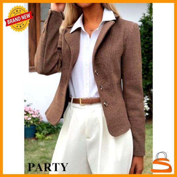 Cropped Tweed Blazer Slim Fit Office Casual Elegant Lapel Collar Jacket - Picture 2 of 7